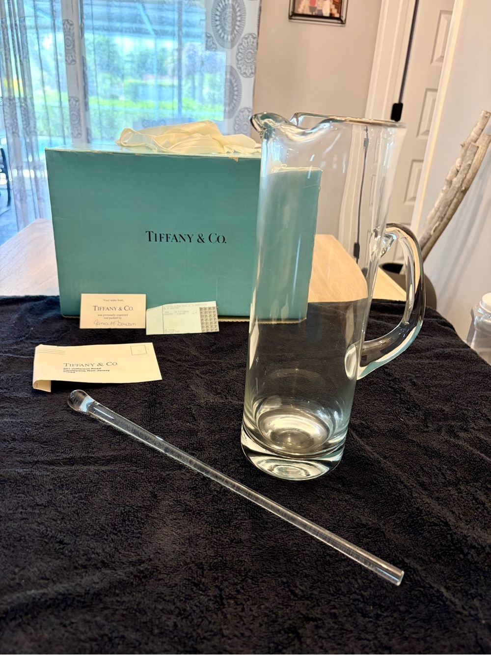 Tiffany & Co. Clear Glass Pitcher with Stirring Rod and Blue Box